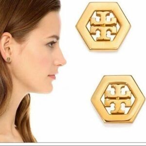 NWOT Tory Burch Gold Logo Hexagon Stud Earrings, Comes With Dust Bag